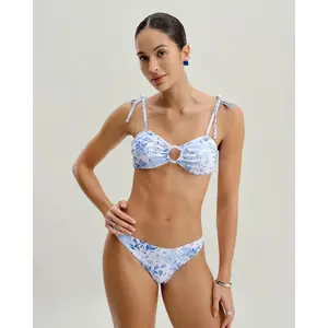 rihoas Women's White Floral 2-Piece Drawstring Bikini Set, Triangle Top with Backless Tie Straps, Removable Cups, Tie Side Bottom, Polyester Blend Fabric, Tie Side Bikini