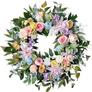 Idyllic 22 Inch Spring Wreath for Front Door with Pink Blue Roses and Hydrangeas Romantic Artificial Flower Wreath for Indoor Outdoor Wedding Porch and Wall Decor