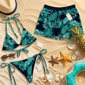 Matching Couples Swimwear Set - Teal Tropical Leaf Print Bikini and Men's Swim Shorts - Hawaiian Palm Botanical Beachwear Vacation Outfit