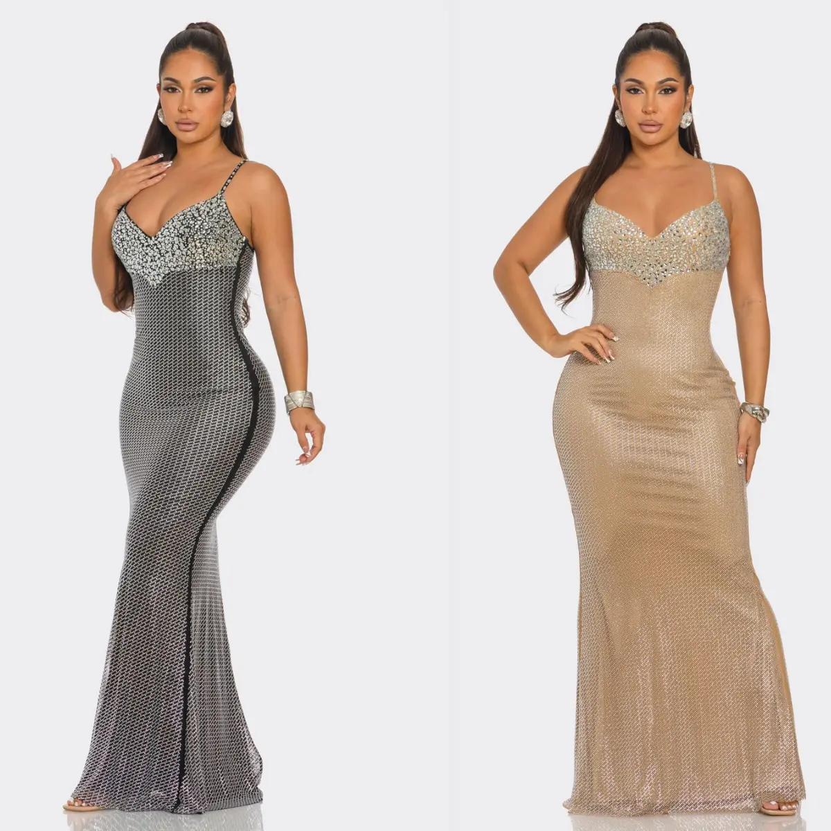 Sparkle Mesh Rhinestone Bustier Gown – Spaghetti Strap Bodycon Maxi Dress | Gold & Black Fabric Formal