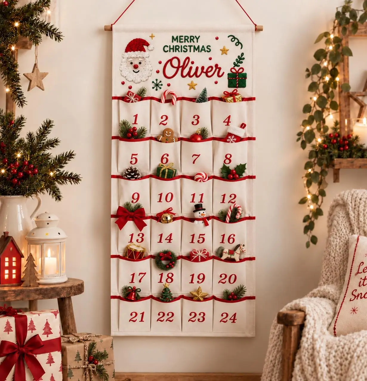 Personalized Christmas Advent Calendar, Fabric Calendar With 24 Pockets, Kids Christmas Countdown, Custom Name Wall Decor, Holiday Gift