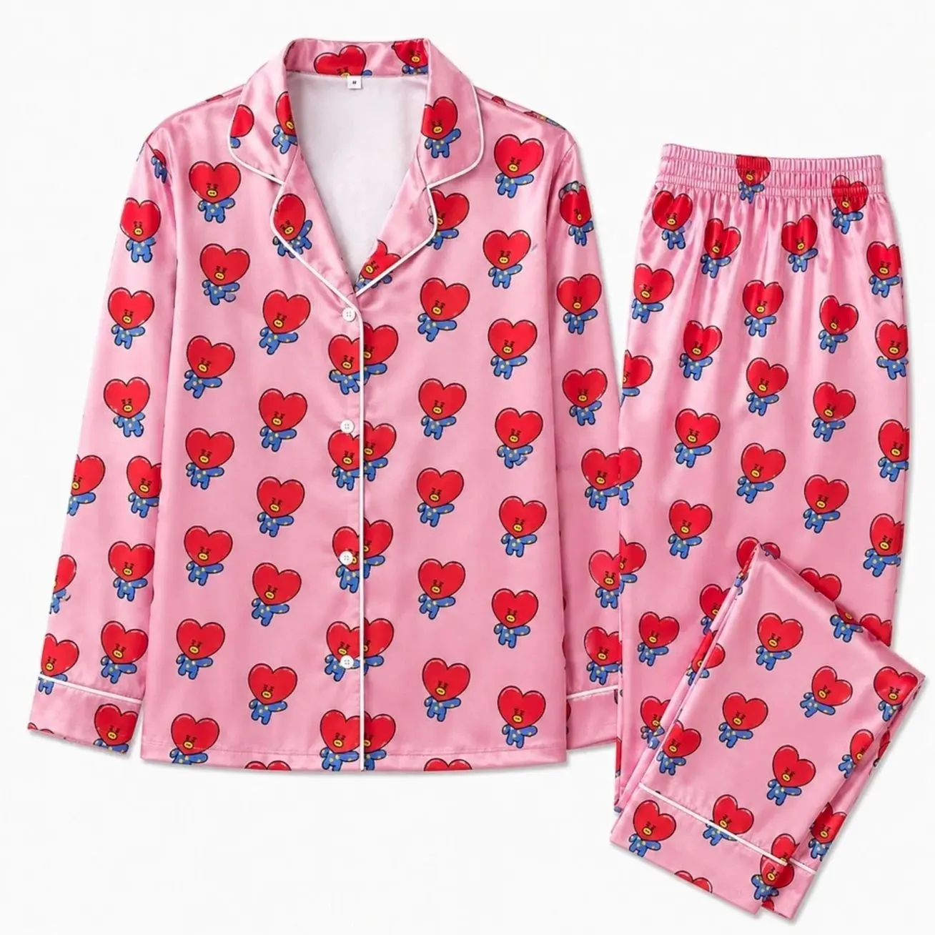 Women's Satin Pajama Set Pink Heart bt21 Print Long Sleeve Sleepwear