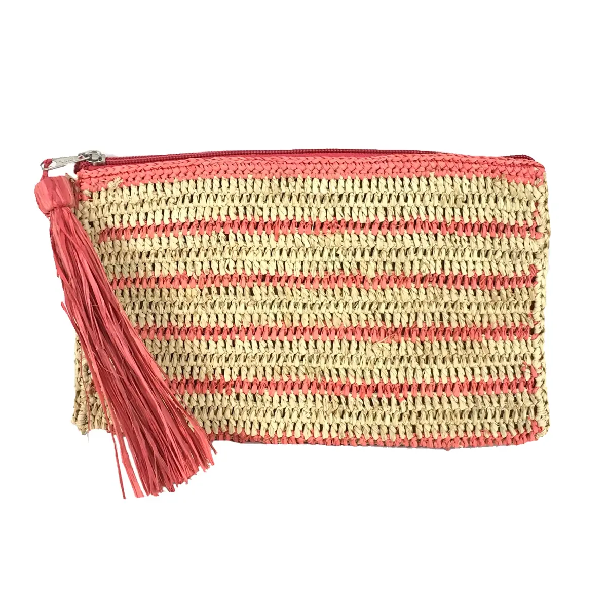 Mar Y Sol Kylie Striped Raffia Envelope Clutch for Women - Straw/Bamboo, Coral Pink, Tassel-Accented, Casual, Lightweight, Slim