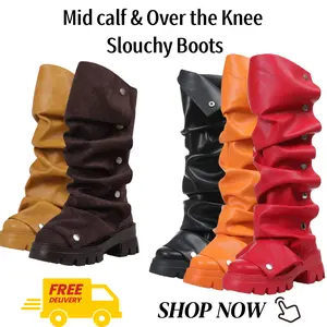 Women's Platform Slouchy Fold Over Boots Mid-Calf Block Heel Round Toe Western Pull on Fashion Boots