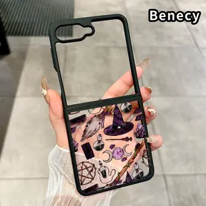 Witchy Magic Icons Pattern Transparent TPU Phone Case for Z Flip 7/6/5/4, Folding Silicone Design with Central Axis Protection and Full Lens Coverage