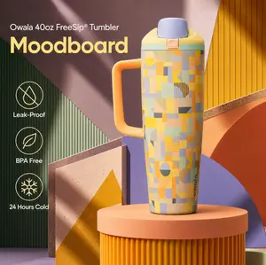 Owala 40oz FreeSip Tumbler Moodboard, Cute Pastel Insulated Water Bottle with Handle, Leak-Proof BPA-Free Travel Cup