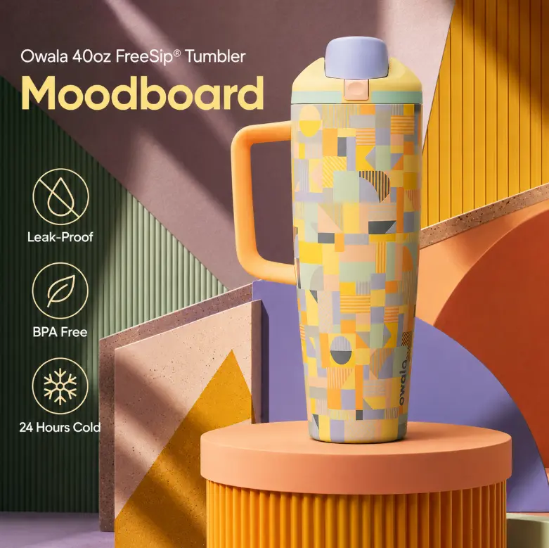 Owala 40oz FreeSip Moodboard Stainless Steel Vacuum Flask, Stylish Cute Pastel Hot/Cold Insulated Leak-Proof BPA-Free Travel Drinkware with Handle, 40oz All-Day Sip Leak Resistant Tumbler