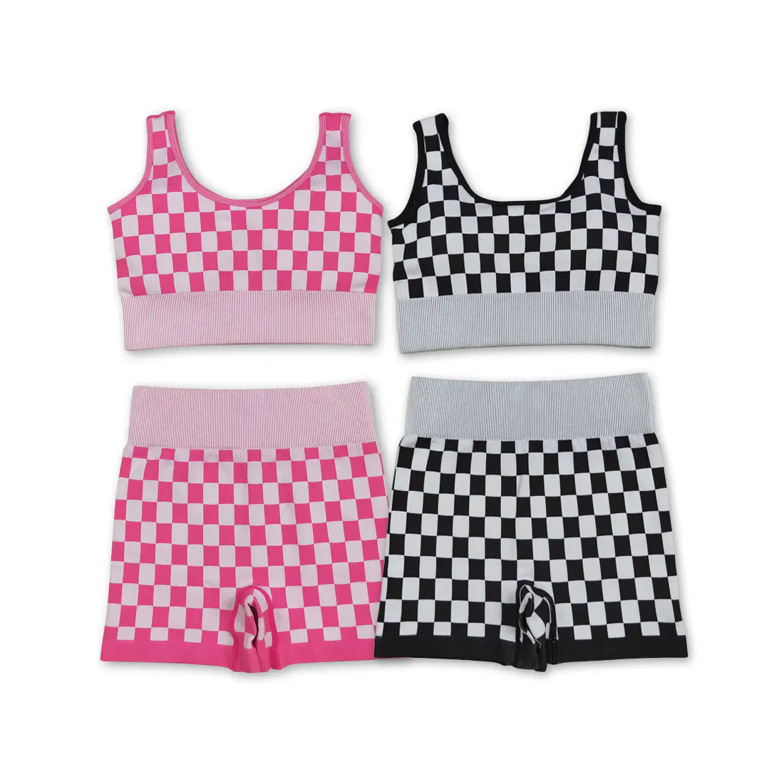 Women's 2-Piece Athletic Set, Sporty Chic Checker Pattern Sleeveless Bra & Biker Shorts, Stretchy Nylon Blend for Workouts, Women's Workout Sets