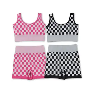 Women's Checker Bra & Biker Short Set - Stretchy Fabric, Trendy Design | Perfect for Workout & Casual Wear