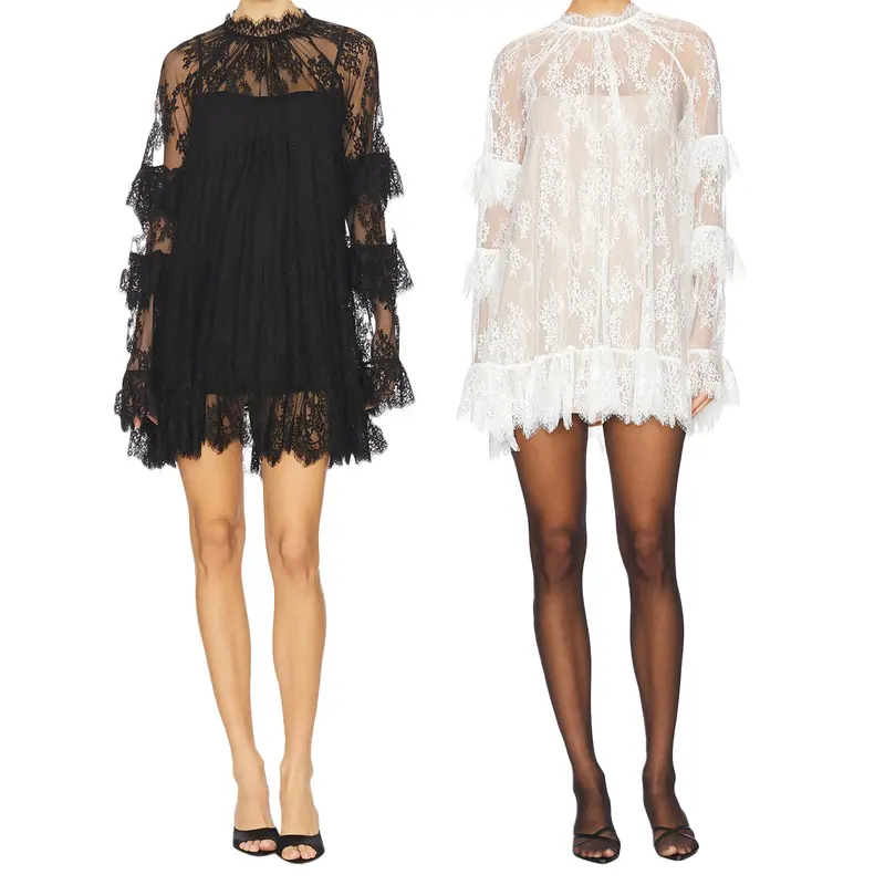 Women Sexy Eyelash Lace Floral Short Mini Dress See Through Ruffle Long Sleeve Mock Neck Loose Fit Tunic Tops Sheer Mesh A-line Party Dress Fashion Beachwear Swimsuit Bikini Cover Ups