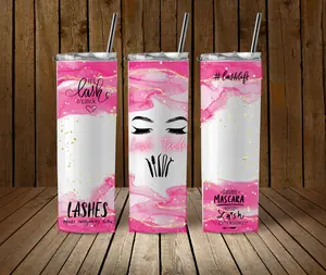 Lash Tech Tumbler with Straw - Pink Marble Design, Lashlife & Mascara Edition, Perfect for Lash Enthusiasts
