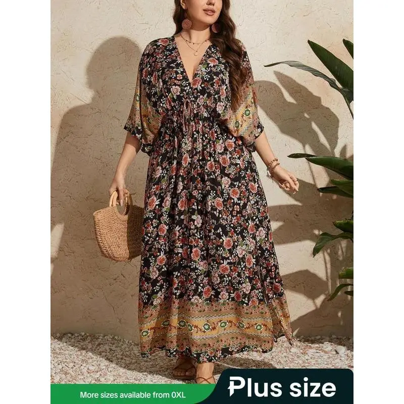 Plus Size  Full body printed long dress, Bohemian casual 3/4 sleeve beach  vacation dress, summer women's clothing, plus size dress - TikTok Shop