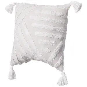 360 stand 16in Handwoven Artisan 100% Cotton Throw Pillow Cover with White Tufted Line Pattern, Tassel Corners, Bohemian Look, Rustic Touch, and Filler, White