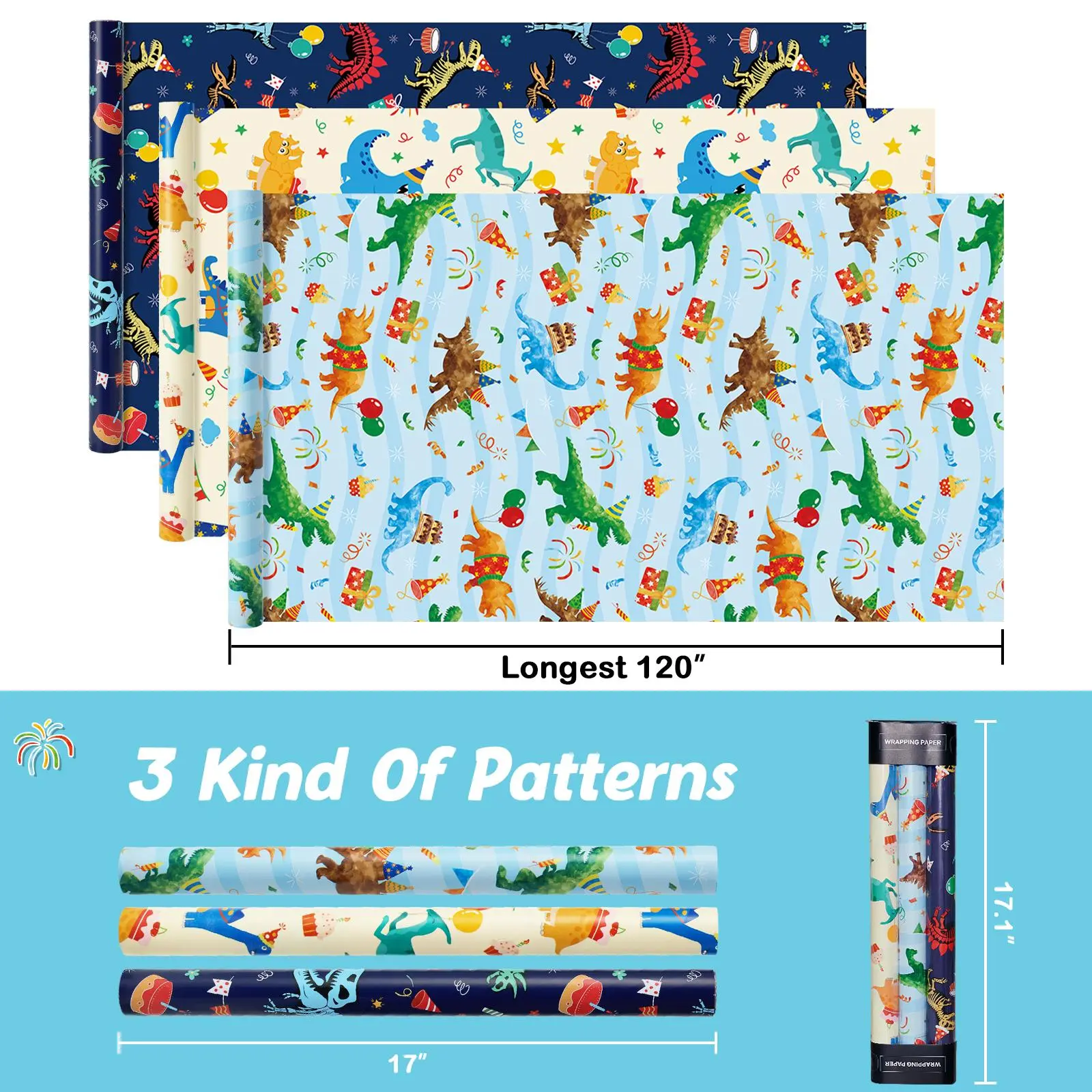 WERNNSAI Boys' Birthday Wrapping Paper, 3 Rolls 3 Different Designs Value Pack, Cutting Lines for Easy Wrapping, 17" x 120", Dinosaur Soccer Monster Truck Video Game Dog Themes, Space Ocean Gift Wrap for Kids Birthday Party, Home Festive Craft Supplies