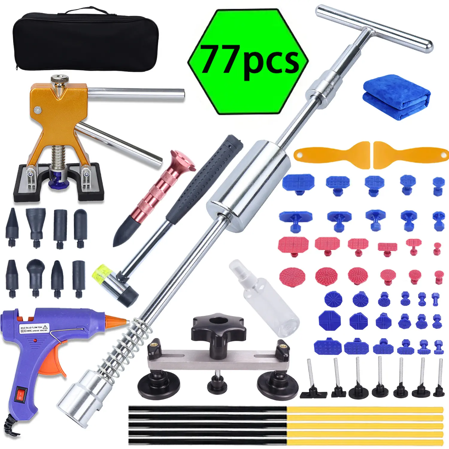 77pcs professional car body dent repair kit, equipped with T-bar dent puller gasket, glue gun, glue rod and other car body dent removal tools, professional paint free dent repair kit, used for car dent repair