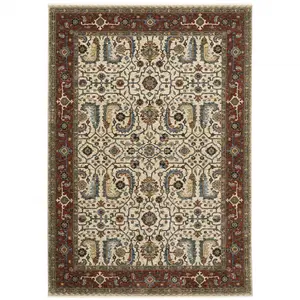 360 Stand 10x13 ft. Ivory Red Green Gray Blue & Navy Oriental Power Loom Stain Resistant Stain Proof Rectangle Size Area Rug with Fringe, Oriental Motif, Polyester Fiber