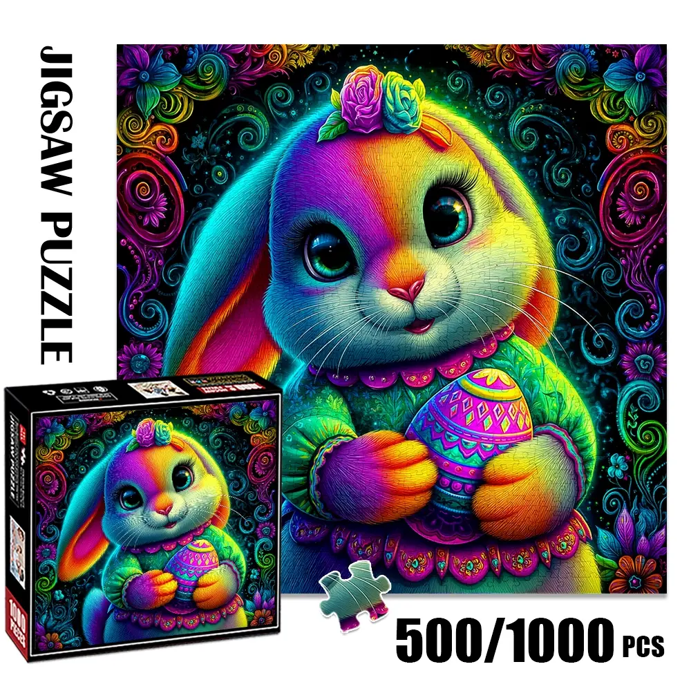 1pc 1000 piece adult puzzle 58x58cm Colorful Bunny with Flower Crown Holding Easter Egg 500 pieces paper jigsaw puzzle suitable for DIY creative games for adults and families, birthday and holiday s