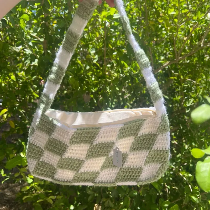 Crochet Checkered Shoulder Bag - Green and White Checker Pattern with Striped Handle