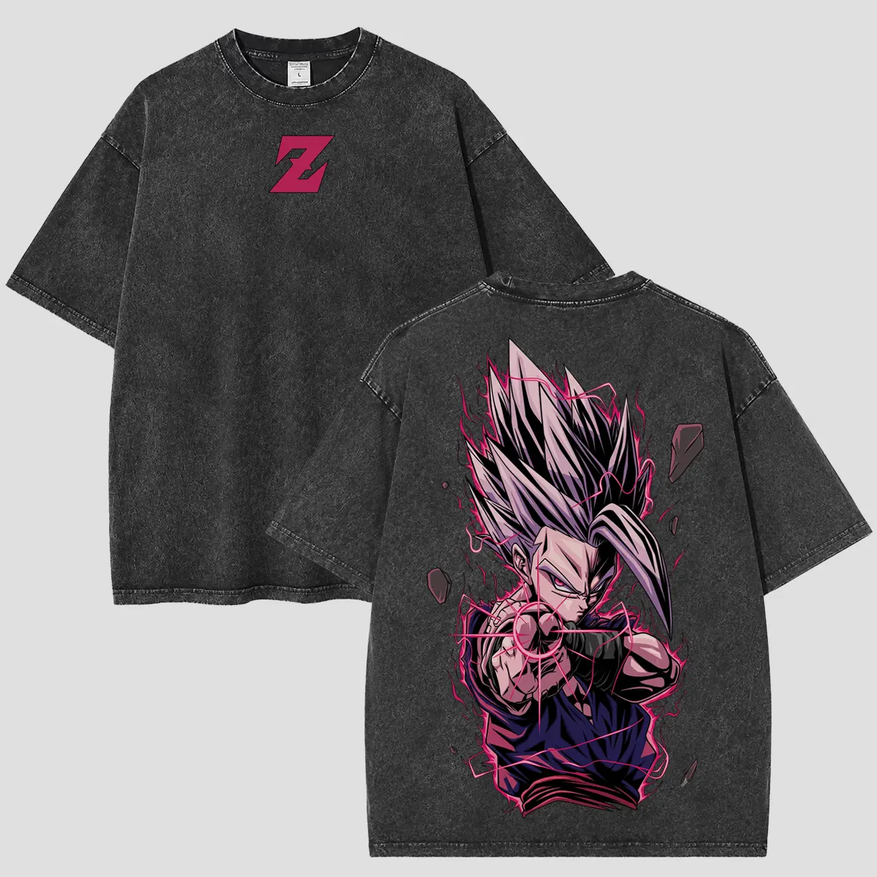 Unisex Round Neck Short-Sleeve Vintage Black-Acid Wash Oversized Anime Graphic T-Shirt, Casual Menswear Streetwear Sports Top, Shortsleeve, Black-Acid Wash Oversized Tshirt