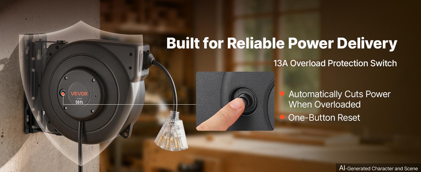 VEVOR Retractable Extension Cord Reel - 50FT Heavy Duty 14AWG/3C SJTOW Black, Ceiling Mount, Wall Mountable, 13A Circuit Breaker, Automatic Retraction, Lighted Triple Tap, 180° Swivel Bracket VEVOR Retractable Extension Cord Reel - 50FT Heavy Duty 14AWG/3C SJTOW Black, Ceiling Mount, Wall Mountable, 13A Circuit Breaker, Automatic Retraction, Lighted Triple Tap, 180° Swivel Bracket