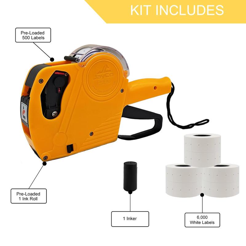 JayCo Pro 1 Line 8 Digits Price Tag Gun Kit - Includes 6,500 White Blank Labels and 1 Pre-Loaded Inker with 1 Ink Refill - for Grocery Store, Retail Shop, Garage Sale