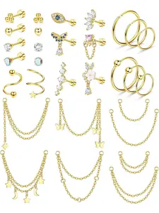 20G Cartilage Earrings for Women - Helix, Flat Back Star Moon Butterfly CZ Stud Earrings - Small Hoop Chain Dangle Helix Tragus Piercing Jewelry Body Piercing Jewelry