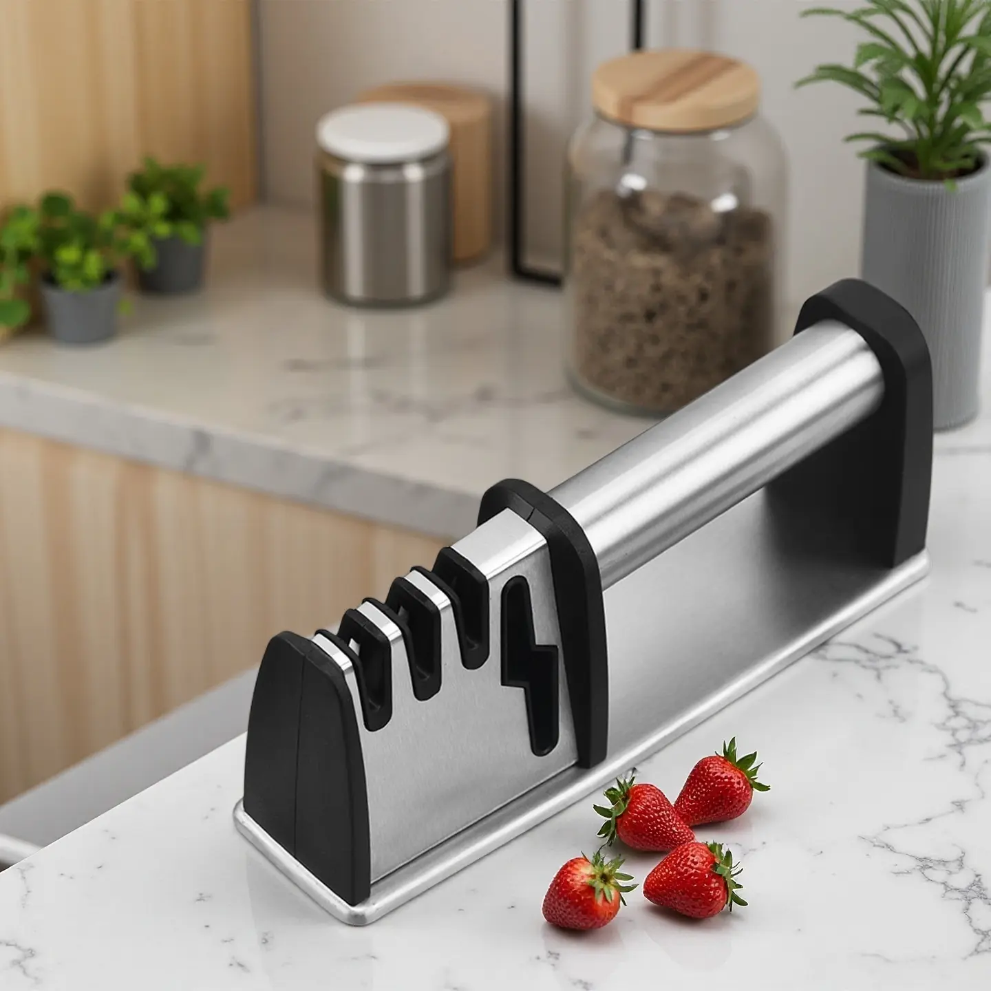 4-in-1 Manual Knife Sharpener with Stainless Steel Handle – Tungsten Steel & Diamond Coated Sharpening Slots, Fast & Safe Handheld Kitchen Sharpener for Home Use ceramic