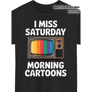 80s Nostalgic Saturday Morning Cartoon Theme T-Shirt- Retro 80s TV Show Print, Suitable for Daily Wear and Theme Parties, Machine Washable, Essential for Cartoon Fans(Iconic Style), PLUS SIZE