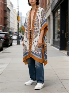 Women's Bohemian Paisley Pattern Loose Open Front Light Shirt, Long Vacation Beach Sun Protection Top, All over Print Casual Blouse, Womenswear