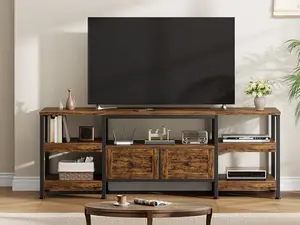 Garvee Modern Industrial Entertainment Center with 2 Fabric Drawers, Rustic Brown Media Console Featuring Open Design, Metal Frame, and Multiple Storage Shelves for Stylish Organization