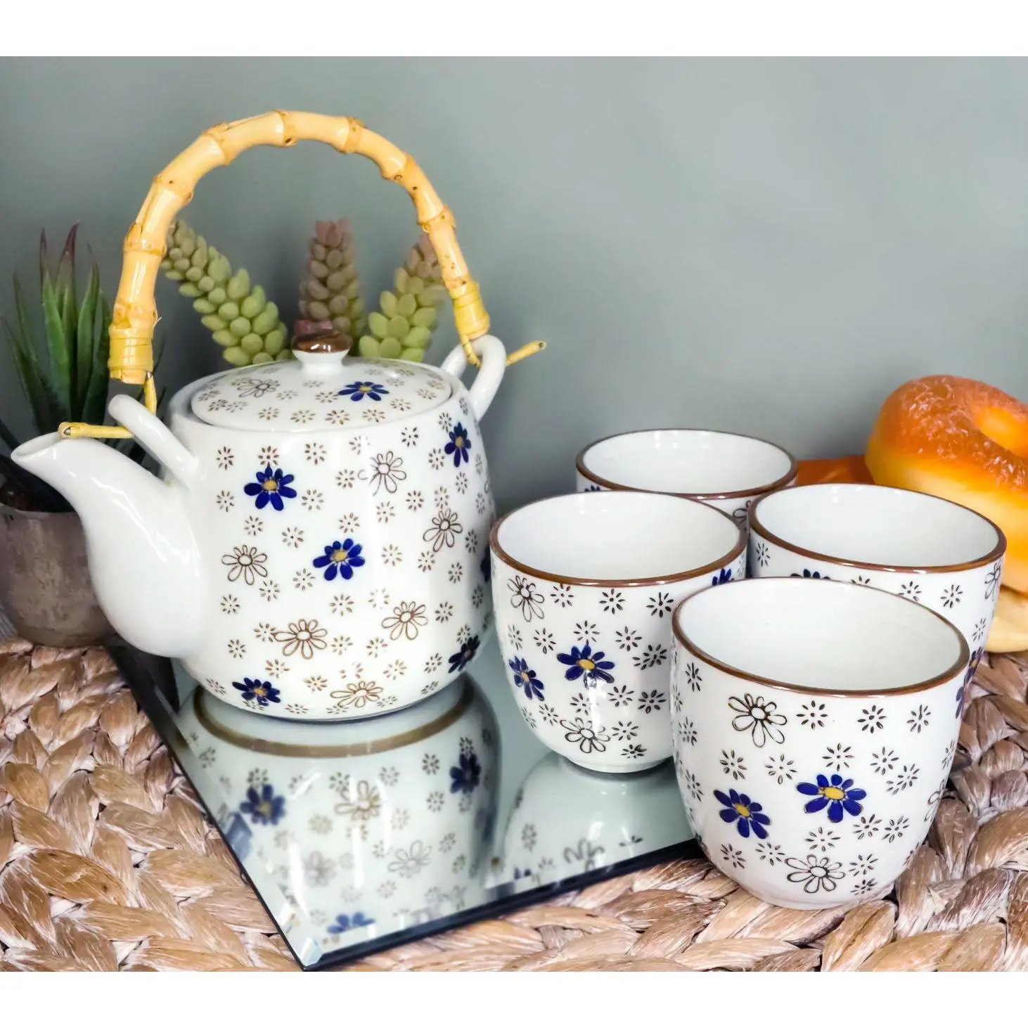Japanese Cherry Blossom Rain 20oz Ceramic Tea Pot and Cups Set Serves 4 People