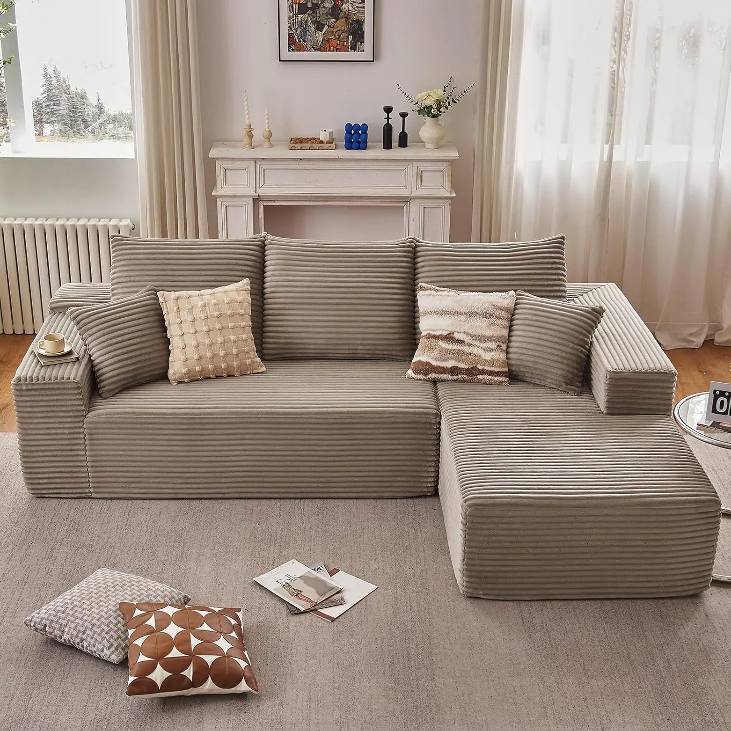107" Oversized Minimalist Boneless Floor L-Shape Chaise Sectional Couch - Modular Corduroy Upholstered Sleeper Sofa with Deep Seat, No Assembly Required for Living Room, Various Room Types