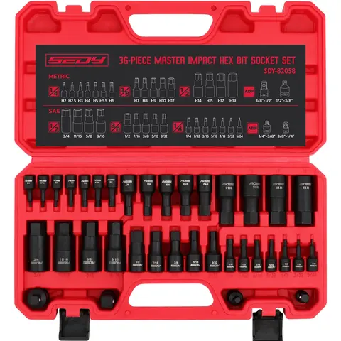 Auction-36-Piece Hex Bit Impact Socket Set with 4 Adapters, 1/4"-1/2" Drives, SAE & Metric H5-H19 Sizes, Heavy Duty Storage Case for Automotive Mechanics - Hand Tool Accessory
