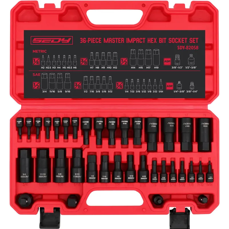 Auction-36-Piece Hex Bit Impact Socket Set with 4 Adapters, 1/4"-1/2" Drives, SAE & Metric H5-H19 Sizes, Heavy Duty Storage Case for Automotive Mechanics - Hand Tool Accessory