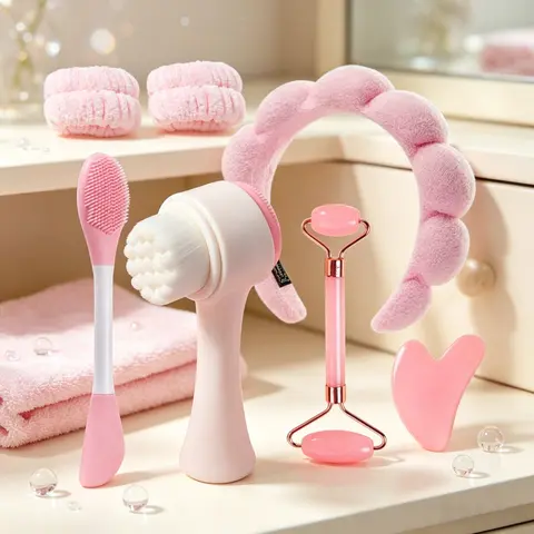 8pcs Unscented PABA-Free Plastic Professional Skincare Multi-Pack with Gift Packaging - Facial Cleansing Brush, Ice Roller, Derma Stamp, Slimming & Massage Tools for Adults' At-Home Routine, Self Care Finds, Beauty Tool Upgrade, Ideal for Birthdays