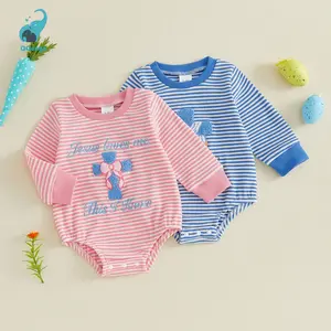 Baby Girls Easter Striped Romper Letter Cross Embroidery Long Sleeve Jumpsuits for Newborn Infant Fashion Clothes