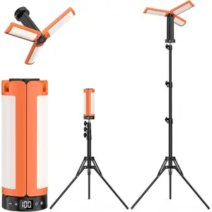 Camping Lights with Stand, 12000mAh Rechargeable Work Light Max Height 75”, Telescoping Portable Outdoor Lights with 3 LED Lamp Heads, Magnetic Emergency Flashlight, Detachable Tripod, Orange