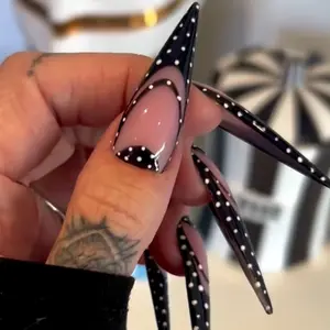 J30 Black Polka Dot Press-On Nails, Nude Pink Base, Statement Fashion Nails, Handmade Press-On Nails, Custom Nails, Gift for Her