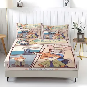 Crazy Zootopia cartoon image printed pattern bed sheet, comfortable printed pattern, including 1 bed sheet and 2 pillowcases, comfortable bedding, anti slip dust cover suitable for bedrooms and guest rooms, suitable for children and adults as gifts