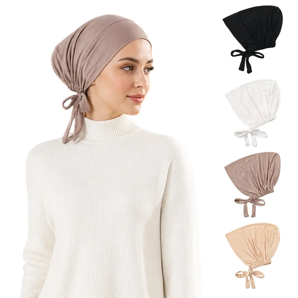 Pack Of 4 Adjustable Modal Undercap Set - Breathable, Stretchy Lace-Up Inner Hijab Caps for Women, Solid Color Fashion Head Wraps