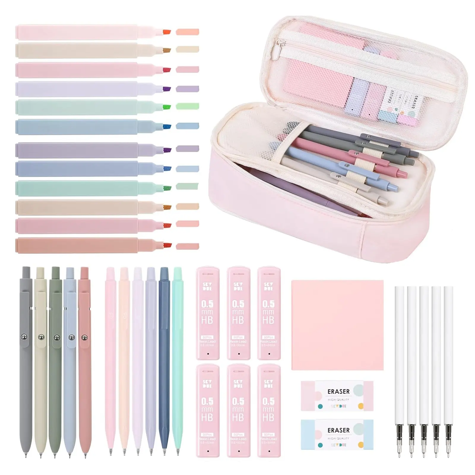 37 PCS Cute School Supplies with Pen Case for Girls - 5 Black Ink Gel Pens, 12 Pastel Highlighters, 6 Aesthetic Mechanical Pencils Set for Stationary College Essentials Cute Stationery Set