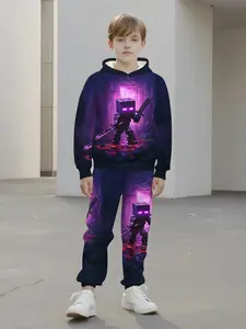 Boys' Enderman Warrior 3D Digital Print Hoodie Sweatpants Set, Casual Slim-Fitting Long Sleeve, Spring & Fall Fashion