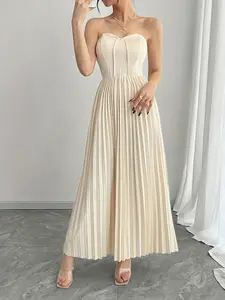 Elegant Apricot Off-Shoulder Ruched Waist Pleated A-Line Dress, Romantic Party Wear, Casual Date Night, Zipper Design, Valentine's Day Gift
