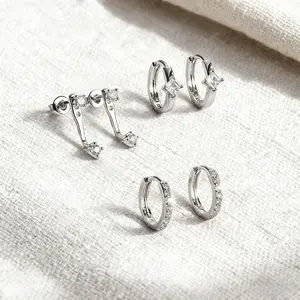 FUNRUN 3 Pairs Sterling Silver Earrings | CZ Huggie Hoops & Studs | Hypoallergenic for Sensitive Ears