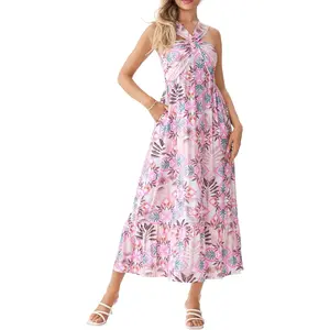 Women's 2026 Criss Cross Halter Maxi Dress, Floral Beach Wedding Guest Dresses, A Line Resort Vacation