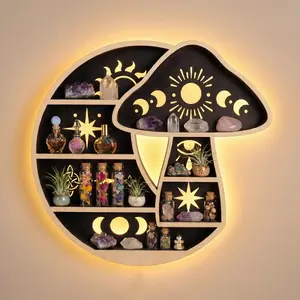 FNYDOX Decorative Wooden Mushroom & Moon with LED Wall-Mounted Floating Shelf for Crystals, Rocks, Gems, Healing Stones, Trinkets, Knick-Knacks - Bohemian Witchy Home Decor