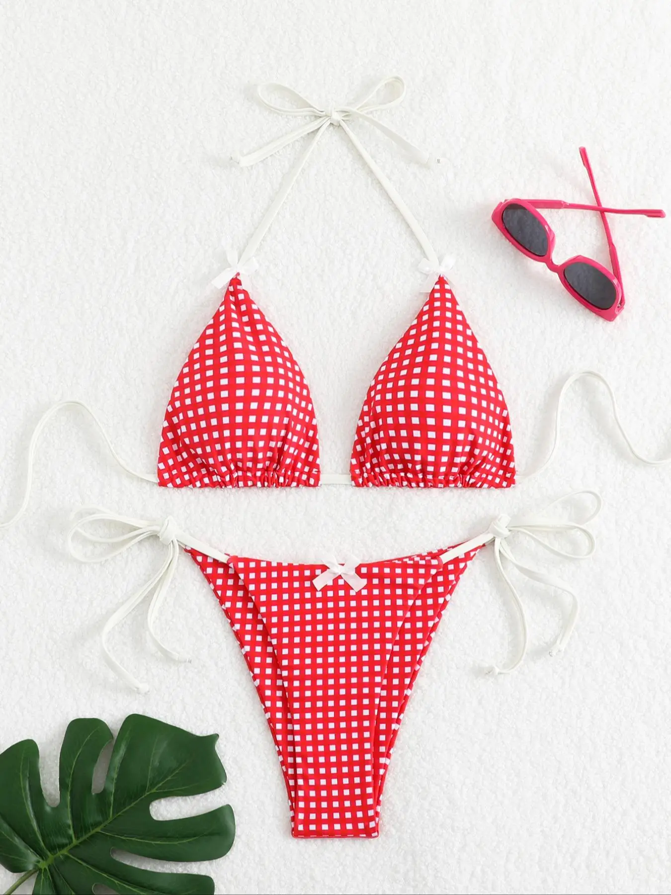 Two-Piece Set Women's Plaid Print Bikini Set, Casual Fashion Chic Bow Decor Halter Neck Tie Back Triangle Swim Bra & Tie Side Swim Panty, Women's Swim