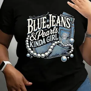 [tiktok shop deals]Women's Blue Jeans & Pearls Graphic T-Shirt - Cotton Casual Short Sleeve Round Neck Top with Geometric Design for Spring/Summer Daily Wear, Relaxed Fit Shirt, Durable Casualwear Streetwear Womenswear Tshirt Crewneck Fitted Shortsleeve t