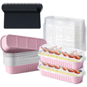 25 Pack Mini Cake Pans with Lids and Spoons, Small Aluminum Foil Loaf Pans, Rectangular Baking Containers for Party and Picnics, 6.8oz (Pink)