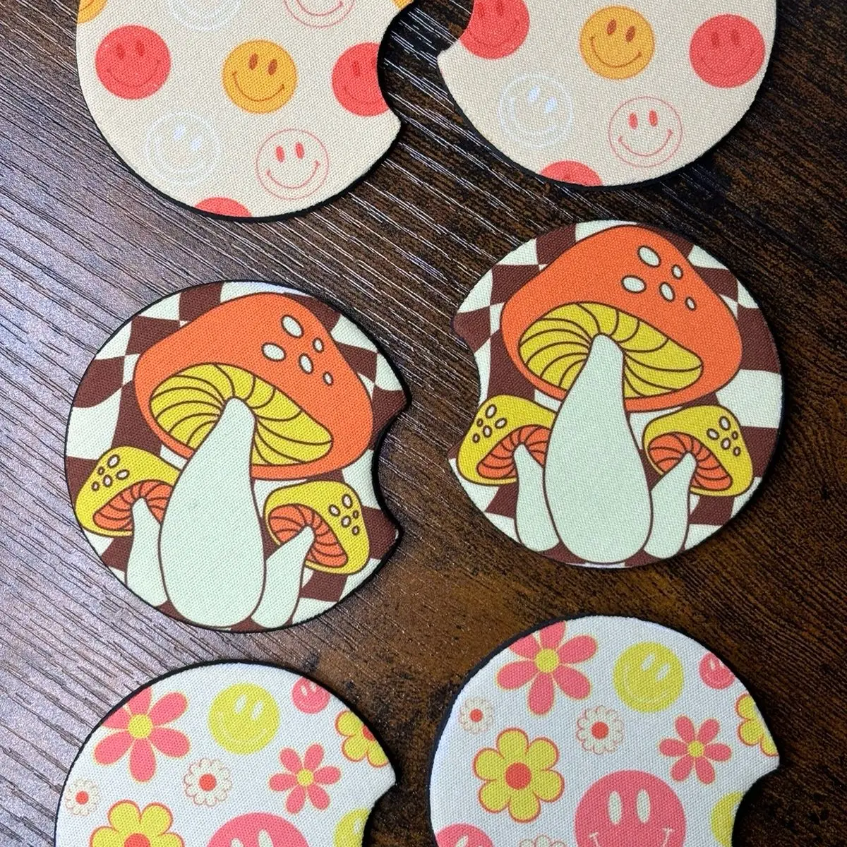 Cute Boho Smiley Face, Mushroom, Flower Car Coasters Rubber, Set of 2, Non-Slip Base, Boho, Hippie, Peace & Love, Universal Fit,  Gift, Car, Various Styles, Gift For Her, Gift For Him